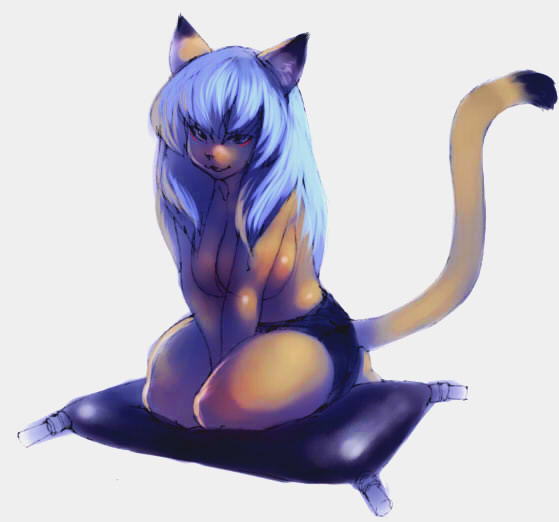 breasts cat cushion cute feline female kneeling myojinius solo topless