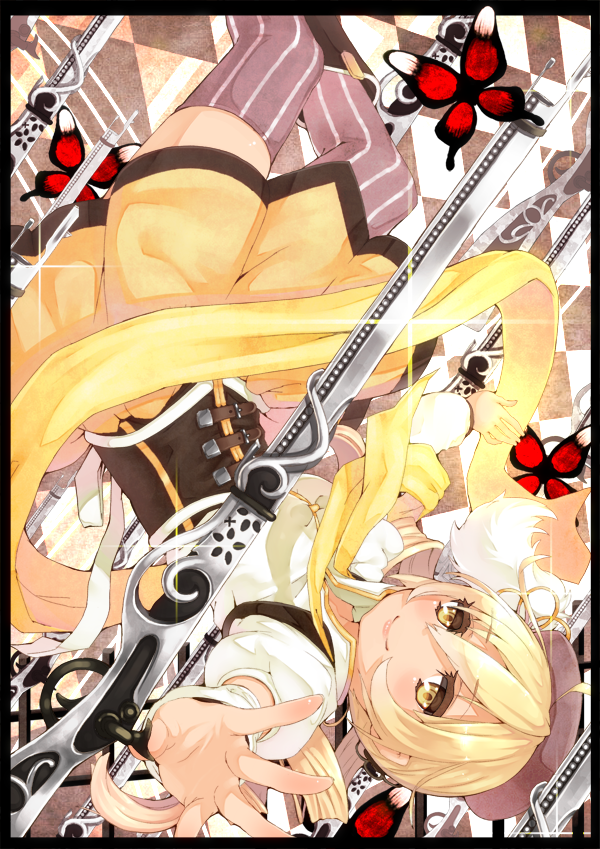 bad_id bad_pixiv_id beret blonde_hair blush body_blush boots border brown_legwear bug butterfly checkered checkered_background checkered_floor detached_sleeves drill_hair dutch_angle gun hair_ornament hairpin hat insect looking_at_viewer looking_back magical_girl magical_musket mahou_shoujo_madoka_magica outstretched_arm outstretched_hand pleated_skirt puffy_sleeves ribbon rifle short_hair sitting skirt solo sparkle striped striped_legwear takuan_(takuan0907) thighhighs tomoe_mami twin_drills twintails vertical-striped_legwear vertical_stripes weapon yellow_eyes zettai_ryouiki
