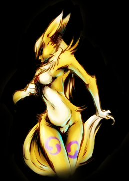 anthro breasts canine chest_tuft digimon female fox fur mammal markings pussy renamon solo standing tuft turning unknown_artist