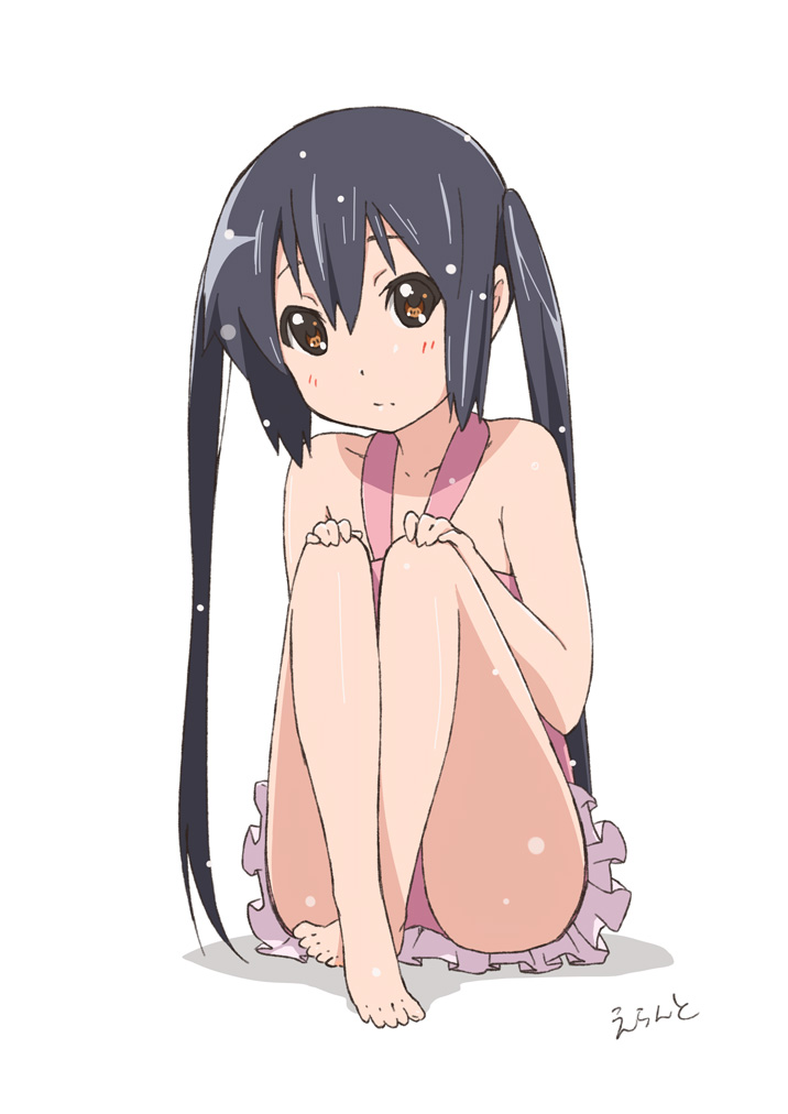 barefoot black_hair brown_eyes casual_one-piece_swimsuit errant full_body halterneck hands_on_own_knees k-on! long_hair nakano_azusa one-piece_swimsuit pink_swimsuit sidelocks signature simple_background sitting solo swimsuit twintails