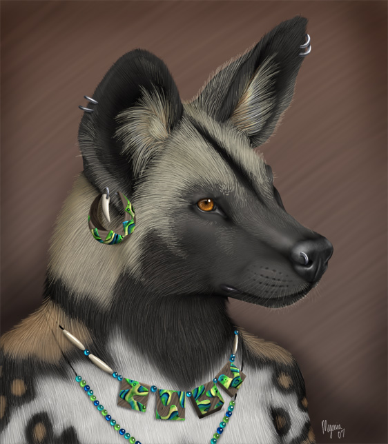 african_wild_dog canine dog ear_piercing earring fuzzy myenia necklace photorealism piercing solo tribal