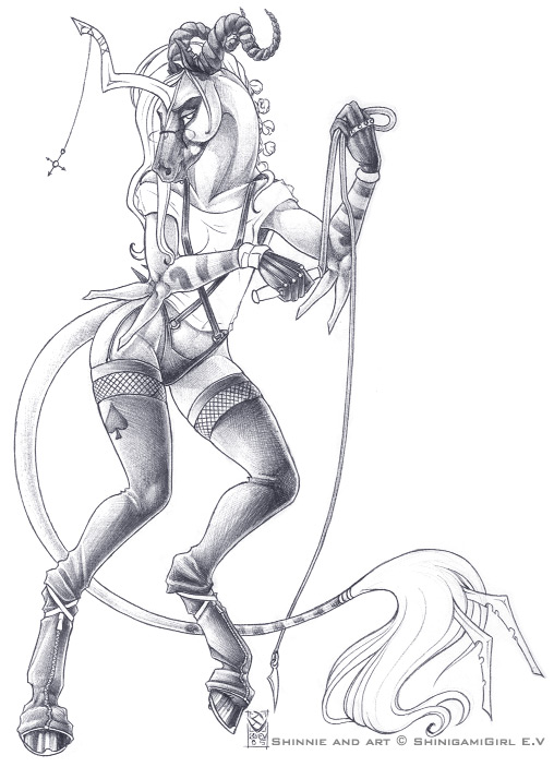 female glasses hooves horns horseshoes shinigamigirl shinnie sketch solo stockings suspenders whip