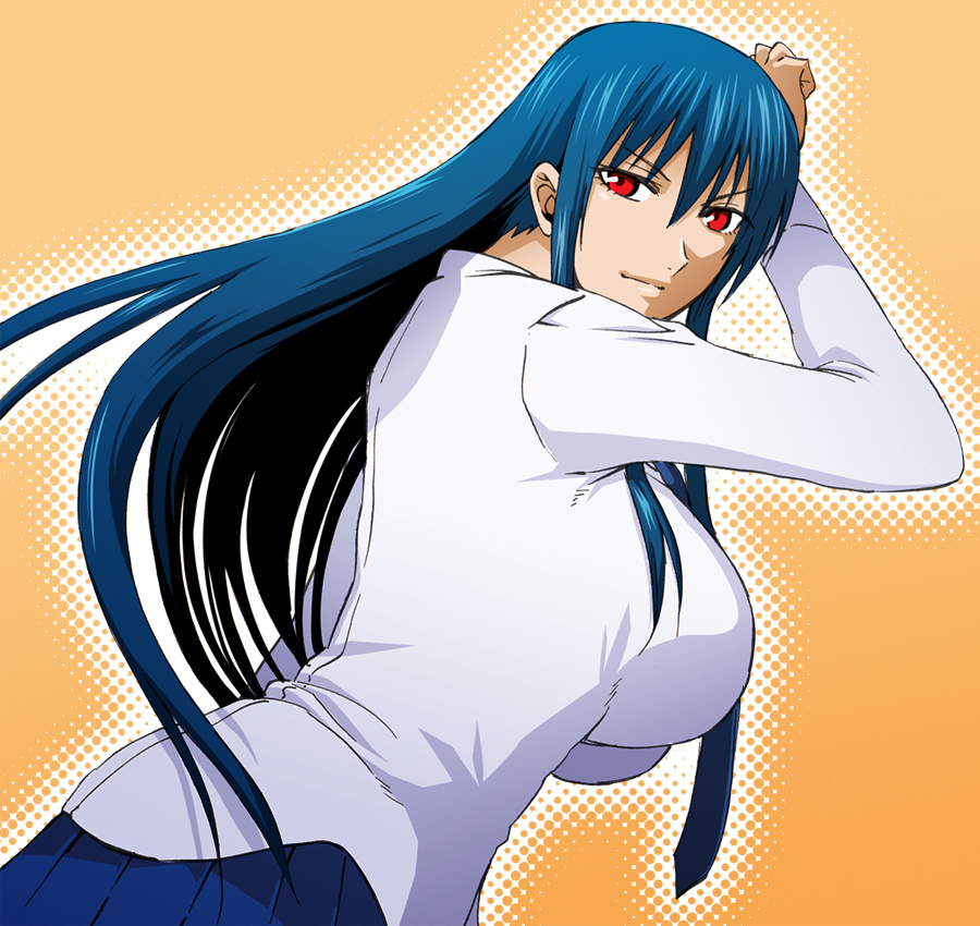 blue_hair breasts diamond_cut_diamond from_side huge_breasts kenji_t1710 long_hair looking_back necktie official_art red_eyes shigyou_yuuyami solo