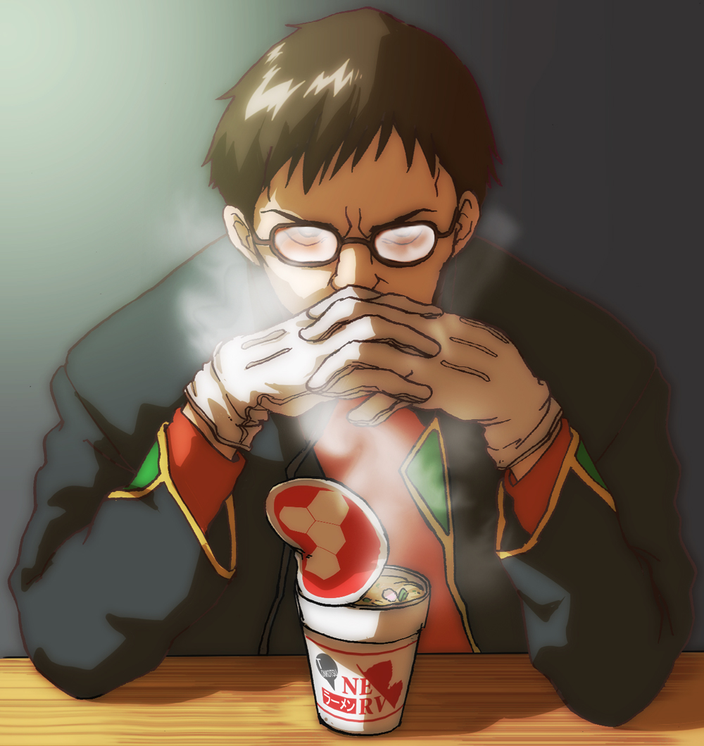 a-ka cup_ramen gendou_pose glasses gloves hands_clasped ikari_gendou male_focus neon_genesis_evangelion nerv own_hands_together parody shadow solo steam translated