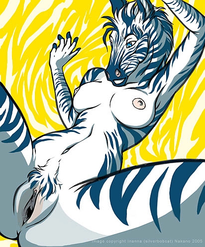 blue_eyes breasts equine female hair leaning_back mane nude presenting pussy raised_arm sex short_hair silverbobcat solo spread_legs spreading stripes zebra