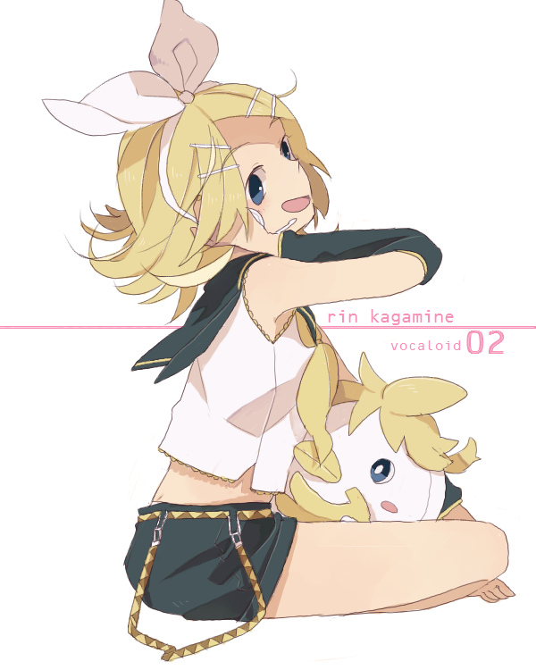 blonde_hair blue_eyes hair_ornament hair_ribbon hairclip headphones headset kagamine_rin ribbon short_hair sitting smile solo stuffed_toy tokiya_(aha_may) vocaloid