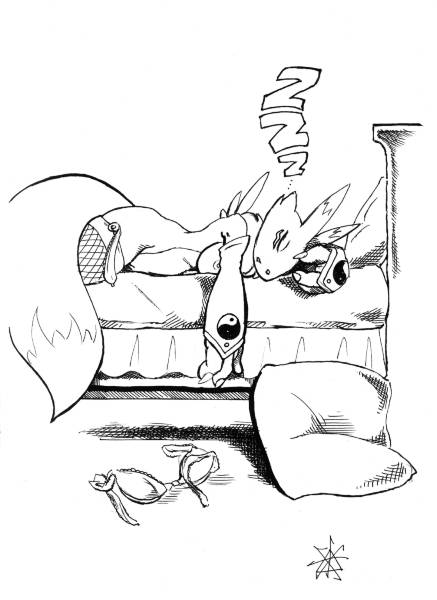 bed breasts canine claws digimon female fox gloves inks on_front renamon sawblade sleeping solo tail thigh_highs