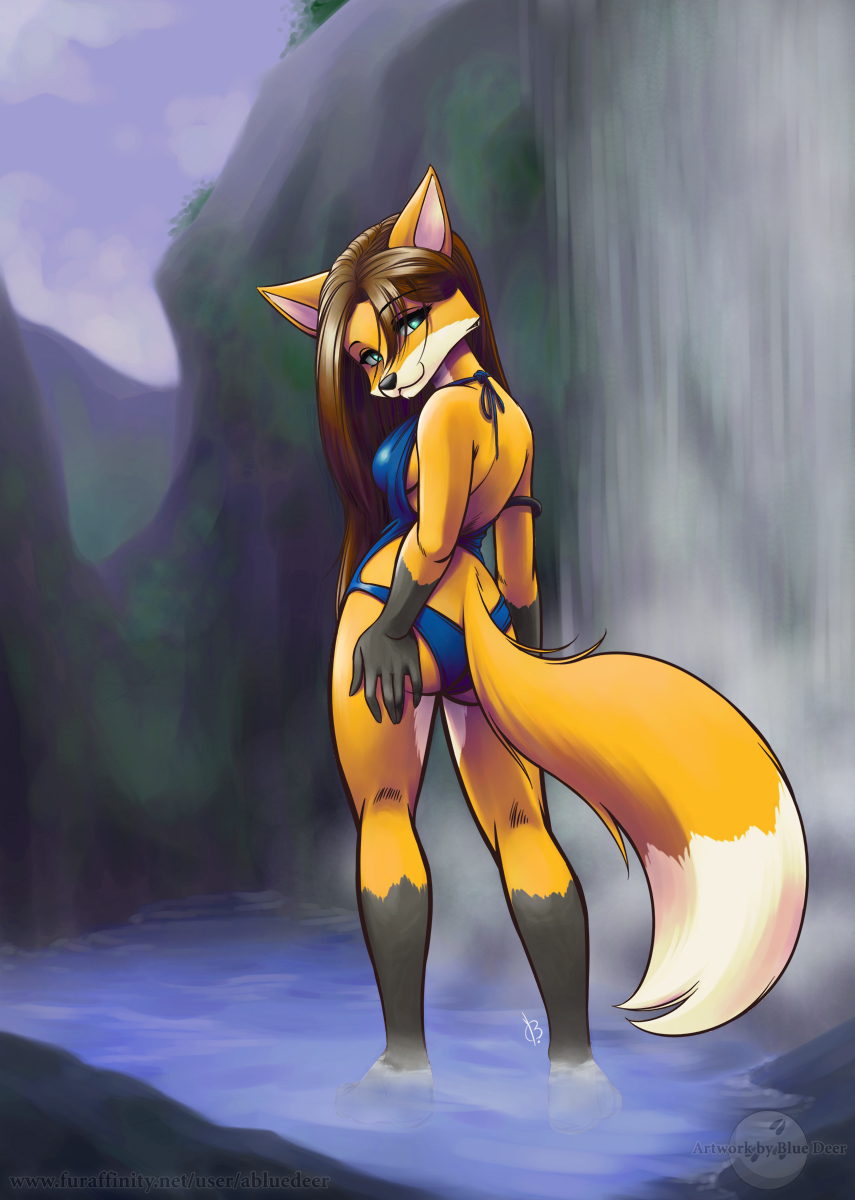 bikini butt canine clothed clothing female fox hair long_hair looking_at_viewer looking_back mammal skimpy solo standing swimsuit tail water waterfall