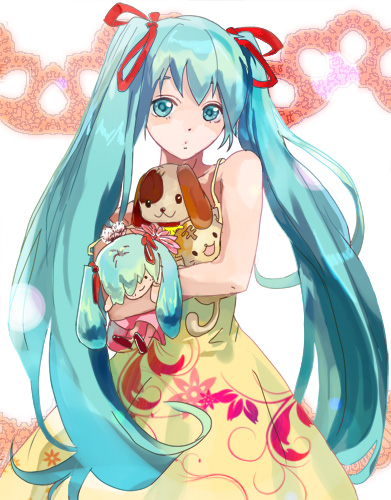 aqua_eyes aqua_hair bare_shoulders cat dog doll dress hair_ribbon hatsune_miku holding kanami_(koikoi_ko) long_hair lowres ribbon solo twintails very_long_hair vocaloid