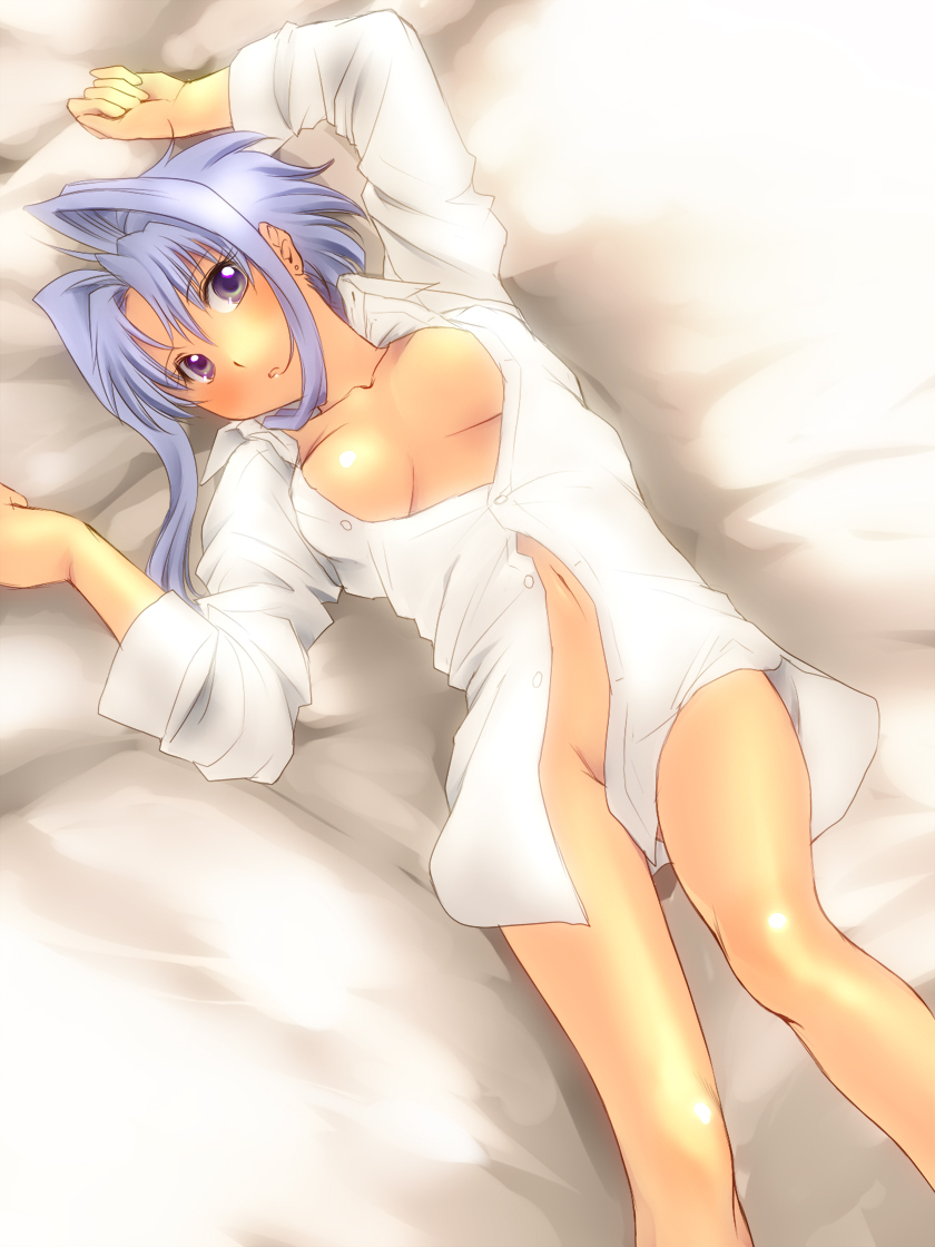 bed blush bottomless breasts censored collarbone convenient_censoring gradient_eyes green_eyes large_breasts lavender_hair legs long_hair lying multicolored multicolored_eyes navel no_bra no_panties on_back open_clothes open_shirt original purple_eyes shirt solo yagisaka_seto
