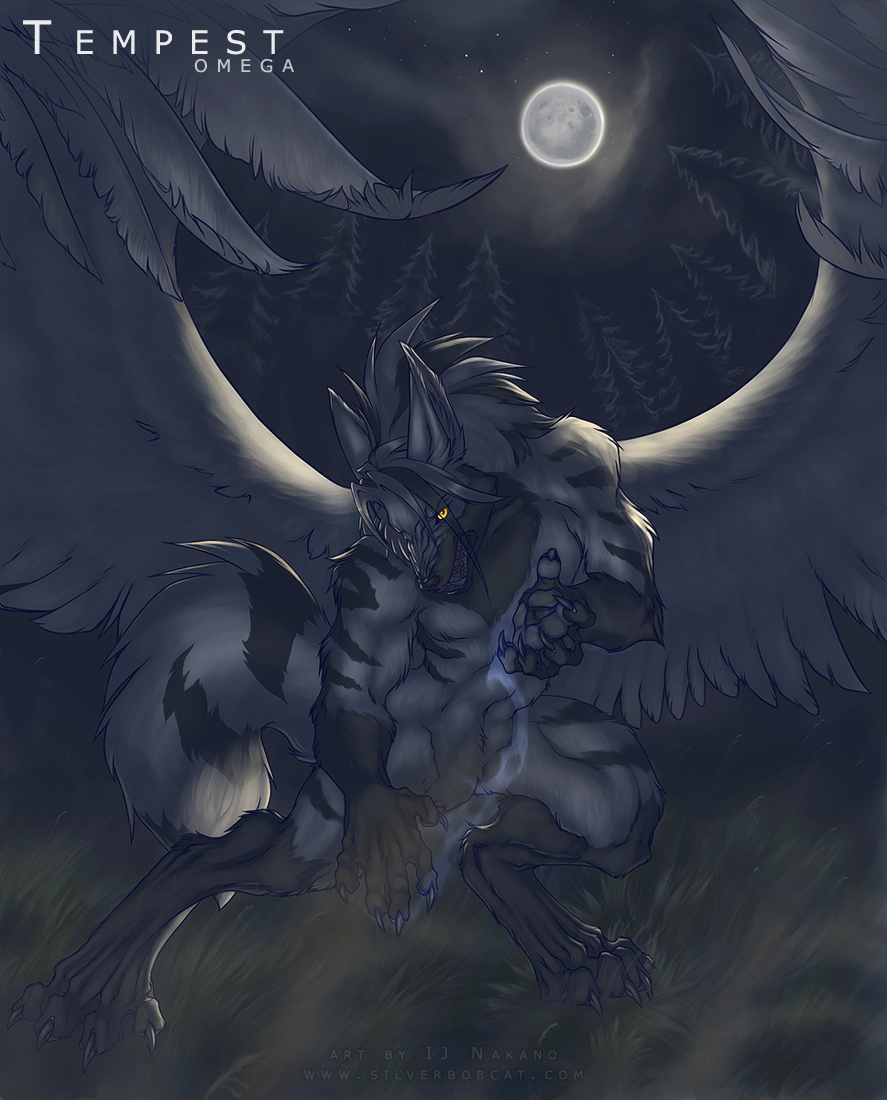 angel_wings forest fur magic male moon night silverbobcat solo tempest_omega tree werewolf wings yellow_eyes