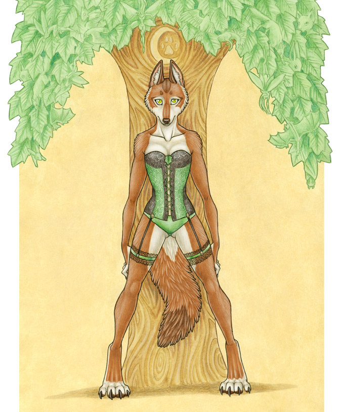 canine complementary_pair corset female garters green katie_hofgard laced_portfolio lingerie personality_series solo tree wolf