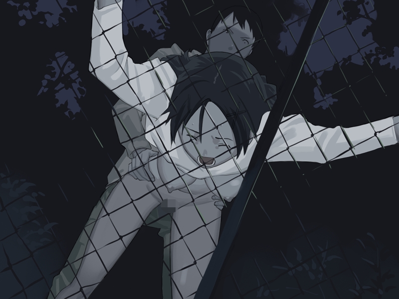 against_fence bent_over breasts censored chain-link_fence chainlink_fence clothed_sex eyes_closed fence from_behind inclusion night nipples open_mouth outdoors rape sex shirt_lift takamichi vaginal
