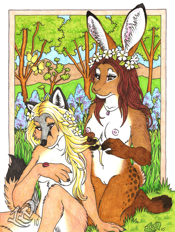 anthro arthropod breasts butterfly canine covering covering_self female flower flower_in_hair forest insect lagomorph luthiennightwolf mammal necklace nipples outside pussy rabbit tree wolf wood