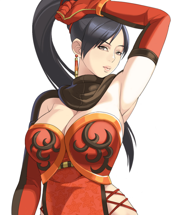 arm_up armpits bad_id bad_pixiv_id black_hair breasts cleavage earrings elbow_gloves gloves grey_eyes jewelry large_breasts lian_shi lips long_hair maou_alba ponytail shin_sangoku_musou side_slit simple_background solo