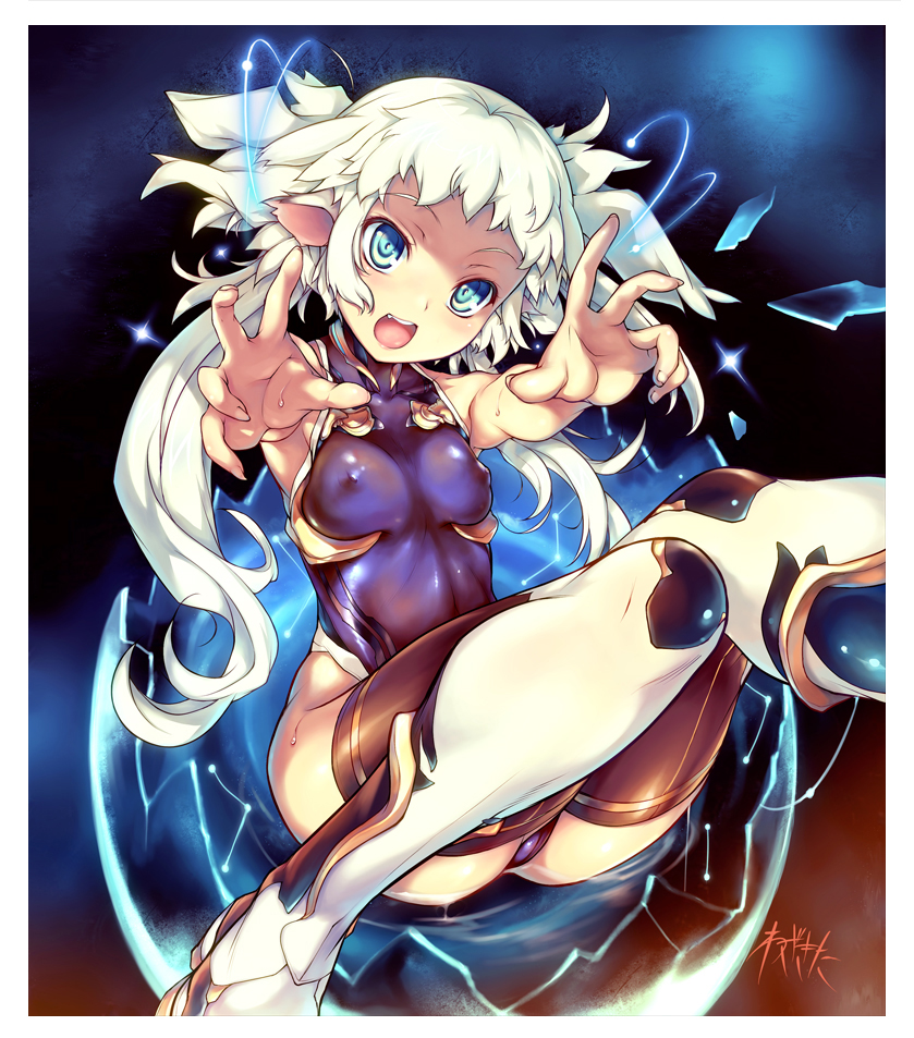 :d animal_ears blue_eyes boots breasts cameltoe covered_nipples face fang foreshortening hands leotard nipples open_mouth original outstretched_hand small_breasts smile solo thigh_boots thighhighs twintails wazakita white_hair