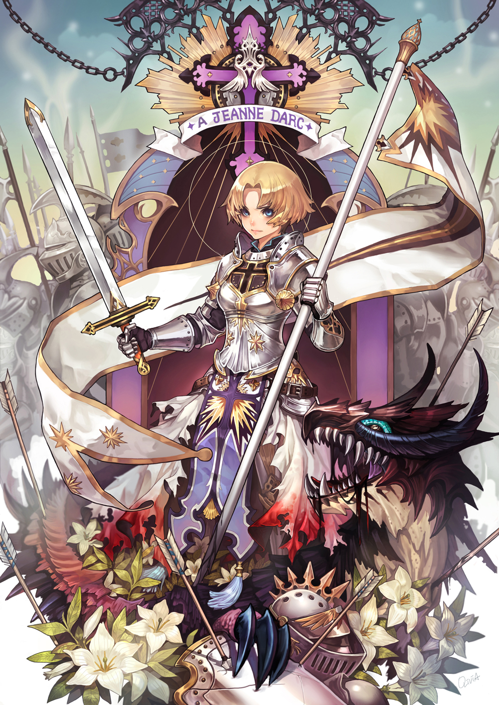 armor arrow banner blonde_hair blue_eyes cross dragon flag flower helmet highres jeanne_d'arc knight olivia_(yh) real_life short_hair solo sword teeth weapon