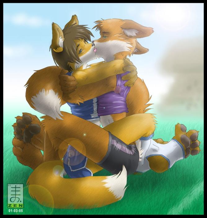 canine duo fox gay kissing male mammal outside paws soccer zen