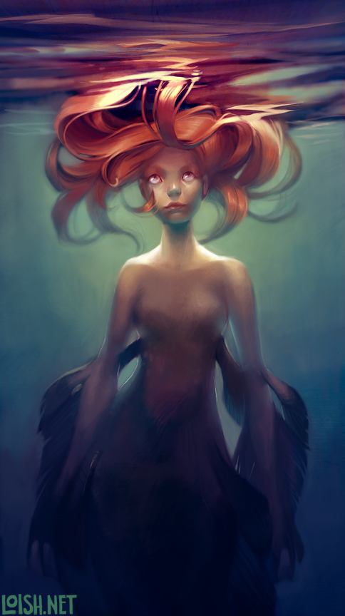 copyright_request lips loish long_hair looking_up mermaid monster_girl nude orange_hair solo underwater watermark