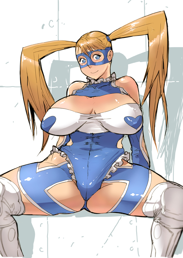 blonde_hair blue_eyes blue_leotard boots breasts breasts_apart butcherboy cleavage_cutout heart huge_breasts legs leotard mask rainbow_mika sitting solo street_fighter street_fighter_zero_(series) thick_thighs thighhighs thighs twintails