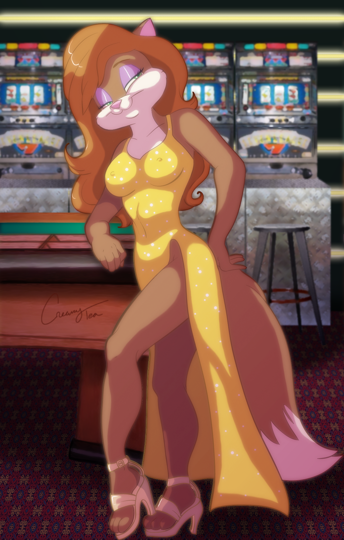 blaze canine casino creamytea dress female fox green_eyes hair long_hair mammal seductive solo standing