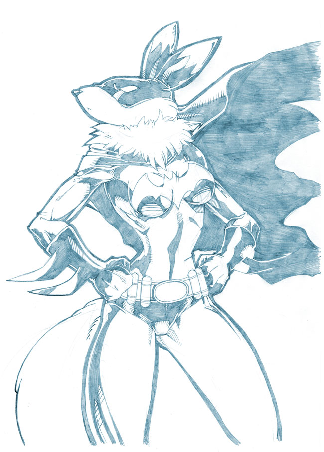 batman canine cape cosplay digimon female fox heroic kandlin mask outfit pose renamon sketch solo superhero
