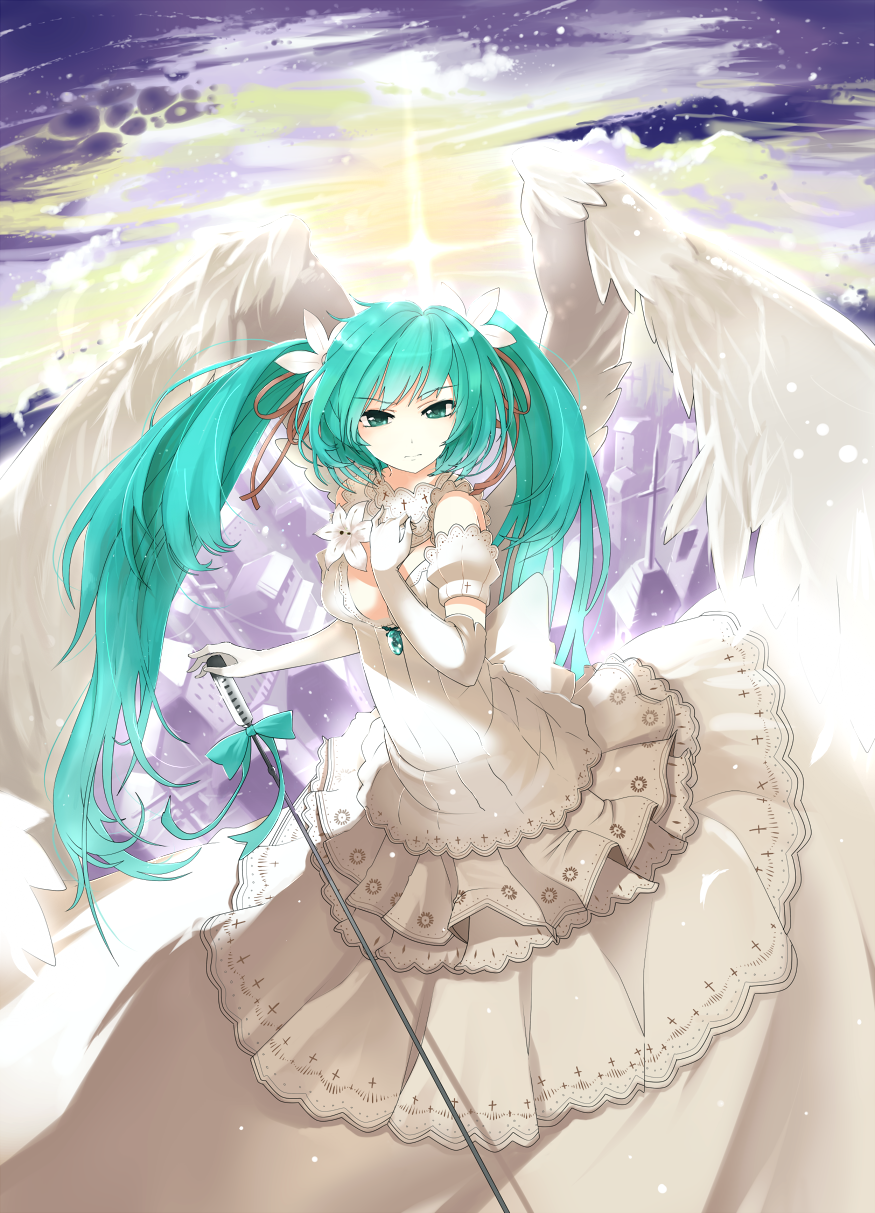 aqua_eyes aqua_hair bad_id bad_pixiv_id breasts cleavage dress elbow_gloves flower gloves hair_flower hair_ornament hair_ribbon hand_on_own_chest hatsune_miku highres large_wings long_dress long_hair looking_at_viewer medium_breasts microphone microphone_stand ribbon solo twintails vocaloid white_dress wings yuran