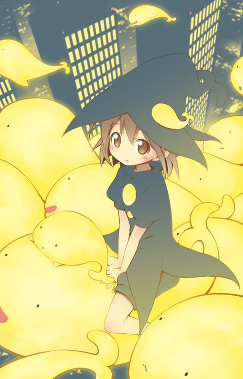 :3 aikei_ake bad_id bad_pixiv_id brown_eyes brown_hair building city creature flying hat original skyscraper solo witch_hat