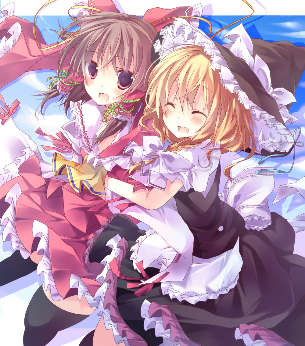 bad_id bad_pixiv_id blonde_hair bow brown_hair hair_bow hakurei_reimu hat kirisame_marisa kisaragi_kiriha multiple_girls smile touhou