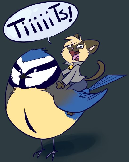 avian bell_collar bird blue_feathers blue_tit briskby cat derp duo english_text feline humor male mammal siamese simple_background text tit yellow_feathers