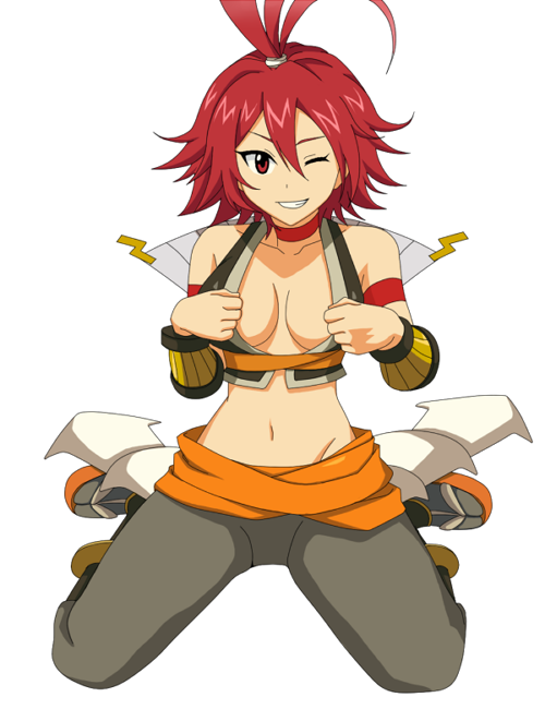 .hack//g.u. 1girl bandai breasts cyber_connect_2 detached_sleeves female full_body kneeling long_hair midriff one_eye_closed pants pixiv_manga_sample ponytail red_eyes red_hair sash simple_background skyemerald solo top white_background wink yowkow yowkow_(.hack//)