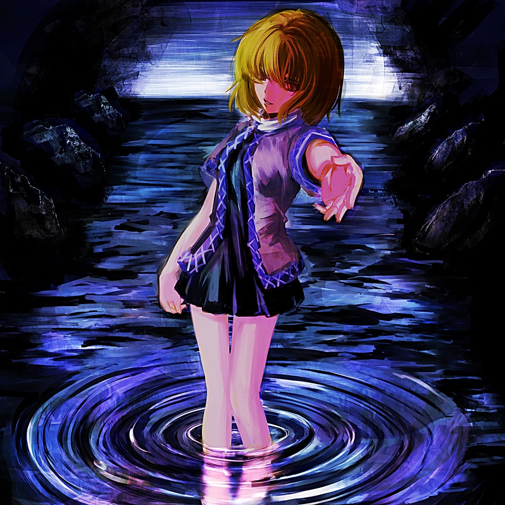 blonde_hair dress foreshortening mark_(heaven) mizuhashi_parsee outstretched_hand reaching ripples short_dress short_hair solo standing touhou wading water