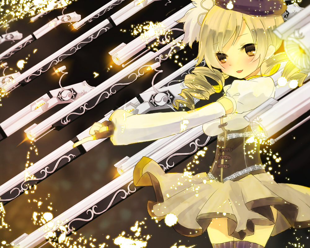 beret blonde_hair blurry blush breasts brown_legwear depth_of_field detached_sleeves drill_hair dutch_angle fingerless_gloves gate_of_babylon gloves gun hair_ornament hairpin hat kyuruko magical_girl magical_musket mahou_shoujo_madoka_magica medium_breasts perspective pleated_skirt pointing puffy_sleeves ribbon rifle skirt solo sparks striped striped_legwear thighhighs tomoe_mami twin_drills twintails vertical-striped_legwear vertical_stripes weapon yellow_eyes zettai_ryouiki