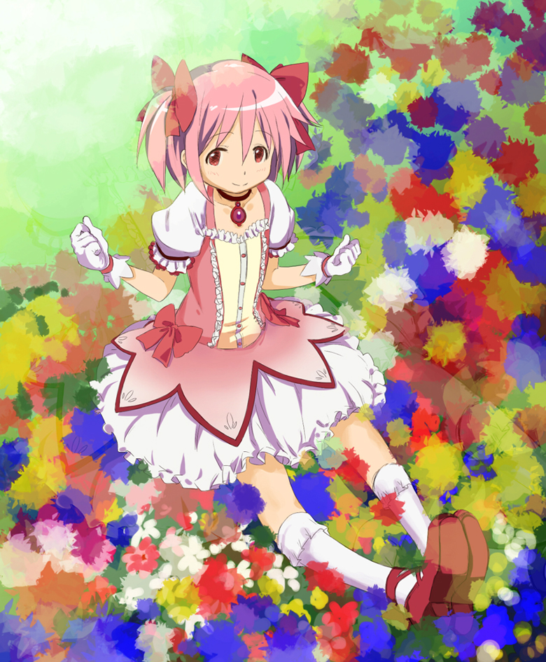 abe_kanari bow brown_eyes choker gloves hair_bow jewelry kaname_madoka kneehighs mahou_shoujo_madoka_magica official_style pendant pink_hair puffy_sleeves red_choker short_hair short_twintails sitting skirt solo twintails