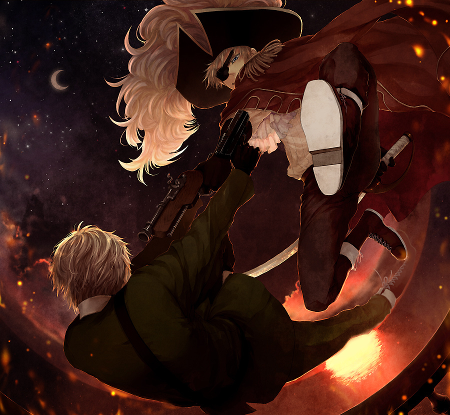 at_gunpoint axis_powers_hetalia bangs battle bicorne black_gloves black_hat blonde_hair blue_eyes boots brown_pants coat crescent_moon cross-laced_footwear dual_persona duel epaulettes eyepatch facing_away frills from_behind full_body gloves gun hat holding holding_gun holding_sword holding_weapon jacket_on_shoulders jumping light_particles long_sleeves looking_at_another male_focus mexican_standoff midair military military_uniform moon multiple_boys one_eye_covered outstretched_arm outstretched_arms pants pirate pirate_hat red_coat reflection rimuro shirt shoe_soles shoes smirk star_(sky) sun sunset sword uniform united_kingdom_(hetalia) weapon white_shirt