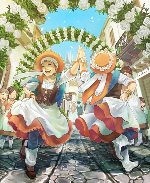 :d arch bangle boots bracelet brown_hair city closed_eyes cobblestone dancing dress habuco_(conte) hands_together happy hat jewelry multiple_girls open_mouth original pants petals road skirt_hold smile street vanishing_point