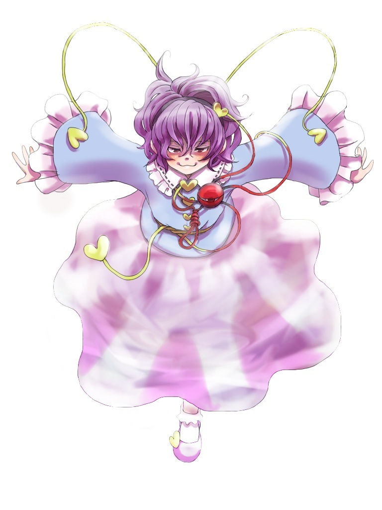 :3 blush frills hairband hanannnn heart komeiji_satori outstretched_arms purple_hair red_eyes short_hair simple_background skirt smile solo spread_arms third_eye touhou wide_sleeves
