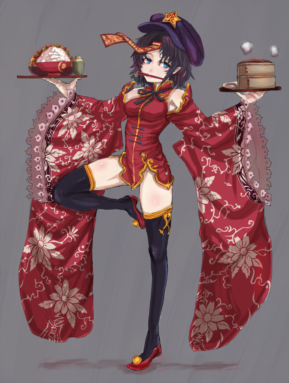 alternate_costume armpits bamboo_steamer black_hair black_legwear blue_eyes bowl chinese_clothes chopsticks detached_sleeves food hat highres jiangshi long_sleeves miyako_yoshika ofuda panzer plate ribbon rice short_hair solo standing standing_on_one_leg steam thighhighs touhou zettai_ryouiki