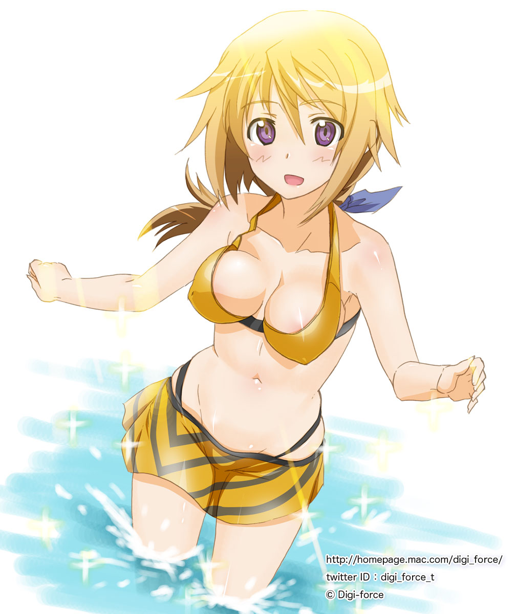 blonde_hair blush bouncing_breasts breasts charlotte_dunois cleavage highres infinite_stratos kimura_shigetaka medium_breasts navel purple_eyes short_hair smile solo swimsuit wading