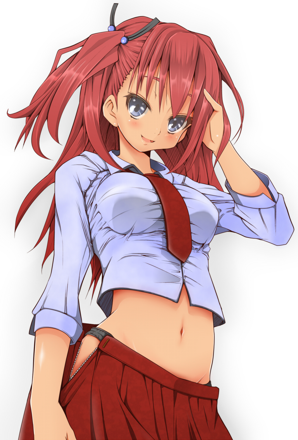 adjusting_hair asou_yuma black_panties blue_eyes blush hand_in_hair highres long_hair midriff navel naz necktie one_side_up open_fly original panties red_hair school_uniform shirt simple_background smile solo taut_clothes taut_shirt underwear unzipped