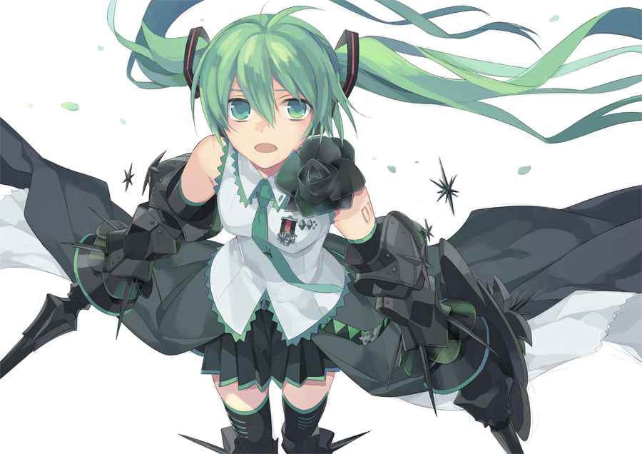 armor bad_id bad_pixiv_id bare_shoulders black_legwear detached_sleeves dual_wielding floating_hair from_above gauntlets greaves green_eyes green_hair hatsune_miku holding long_hair looking_up mecha_musume mechanical_arm mechanical_parts medal necktie ninomoto open_mouth pleated_skirt revision science_fiction shield skirt solo sword tattoo thighhighs twintails vocaloid weapon zettai_ryouiki