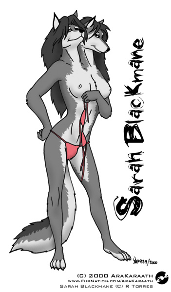 2000 arakaraath bikini canine herm intersex multi_head sarah_blackmane skimpy solo two_heads undressing wolf