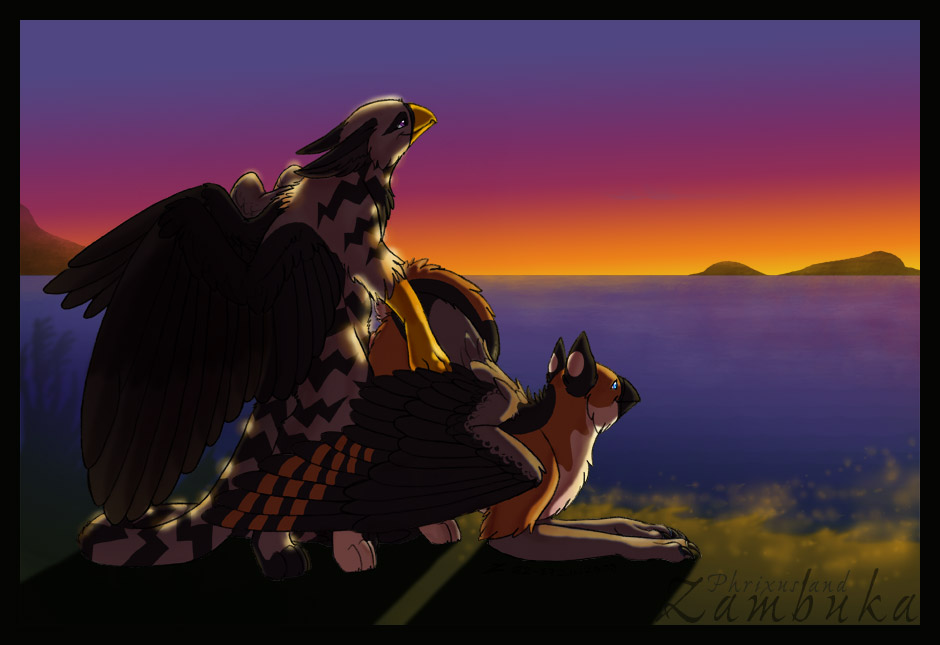 avian beak black_stripes black_wings brown_feathers brown_fur feral feral_on_feral fur gryphon male outside penis sea sex sunset unknown_artist water white_feathers wings