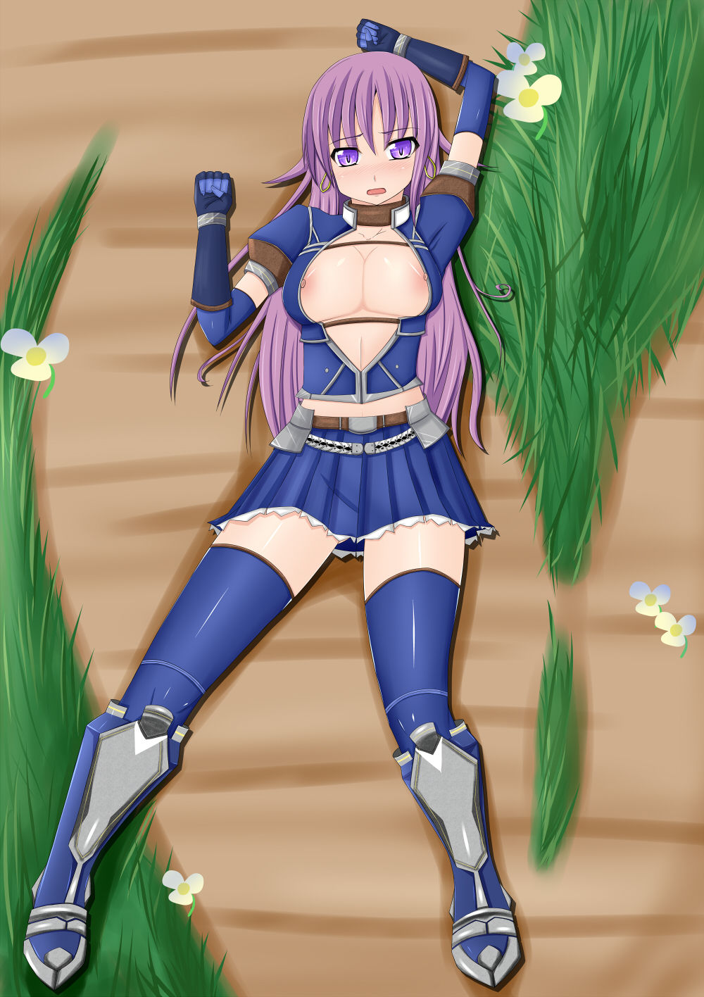 armor asuru asuru_(armor) blush breasts capcom flower highres large_breasts lying monster_hunter monster_hunter_frontier nipple_slip nipples purple_eyes purple_hair