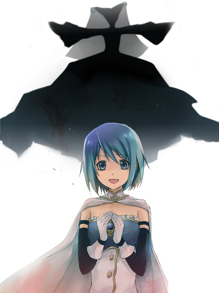 :d bad_id bad_pixiv_id blue_eyes blue_hair cape gloves mahou_shoujo_madoka_magica miki_sayaka open_mouth seal_(seal1102) short_hair smile soul_gem upper_body walpurgisnacht_(madoka_magica) white_gloves