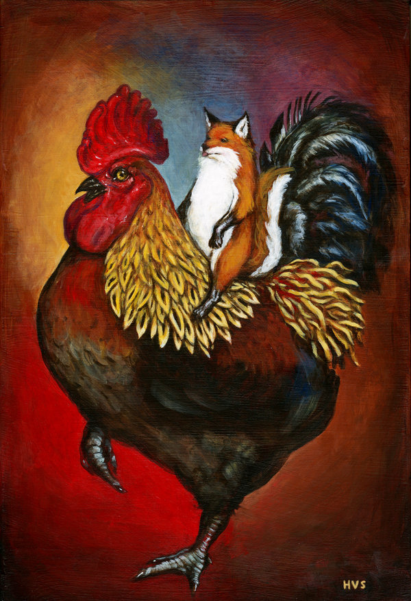 avian bird canine chubby feral fox riding rooster unknown_artist