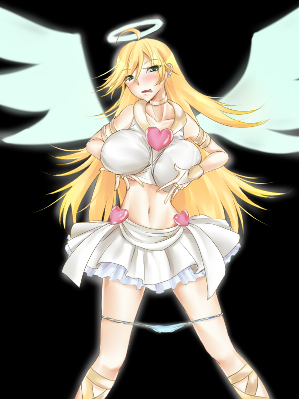 angel bad_anatomy blush breast_grab breasts cleavage grabbing halo large_breasts naughty_face otogi_(s_in_w) panties panty_&amp;_stocking_with_garterbelt panty_(character) panty_(psg) smile underwear wings