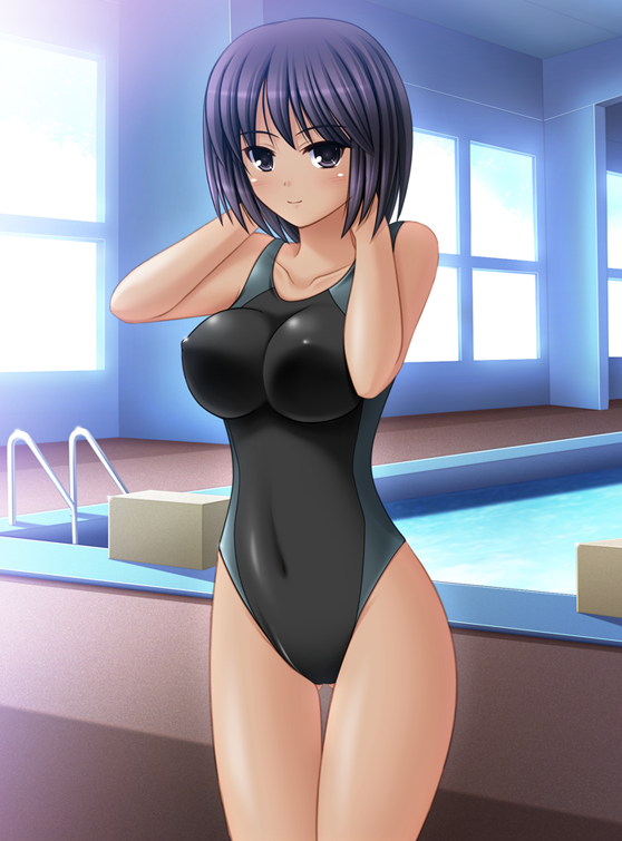 amagami black_eyes black_hair breasts competition_swimsuit covered_nipples dark_skin large_breasts nak_yama nanasaki_ai one-piece_swimsuit pool short_hair solo swimsuit tan