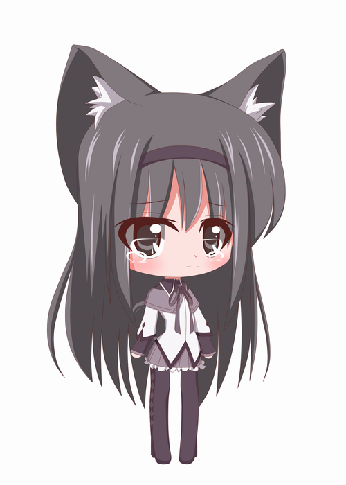 akemi_homura animal_ears black_eyes black_hair black_legwear cat_ears chibi kemonomimi_mode long_hair magical_girl mahou_shoujo_madoka_magica pantyhose shimin_level_1 solo tears