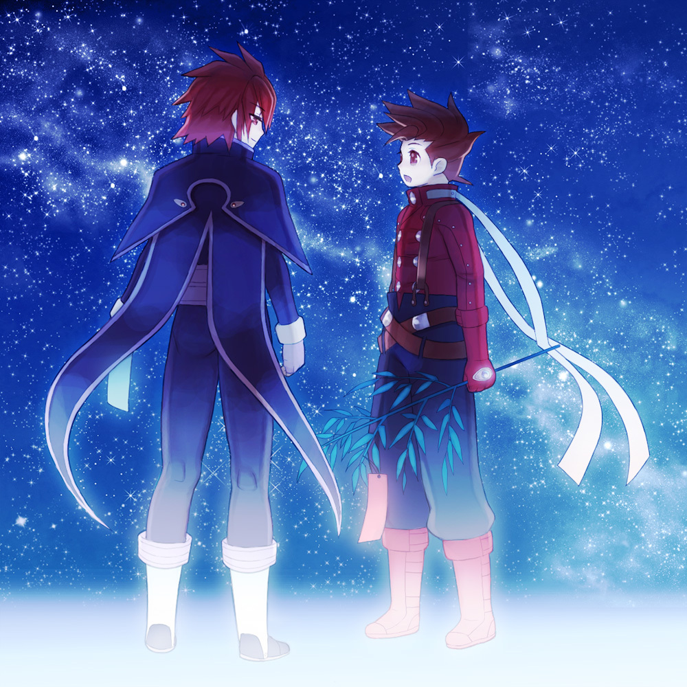 blue_background boots brown_hair folks_(nabokof) gloves knee_boots kratos_aurion lloyd_irving male_focus multiple_boys night red_eyes red_hair red_shirt shirt star tales_of_(series) tales_of_symphonia tanabata